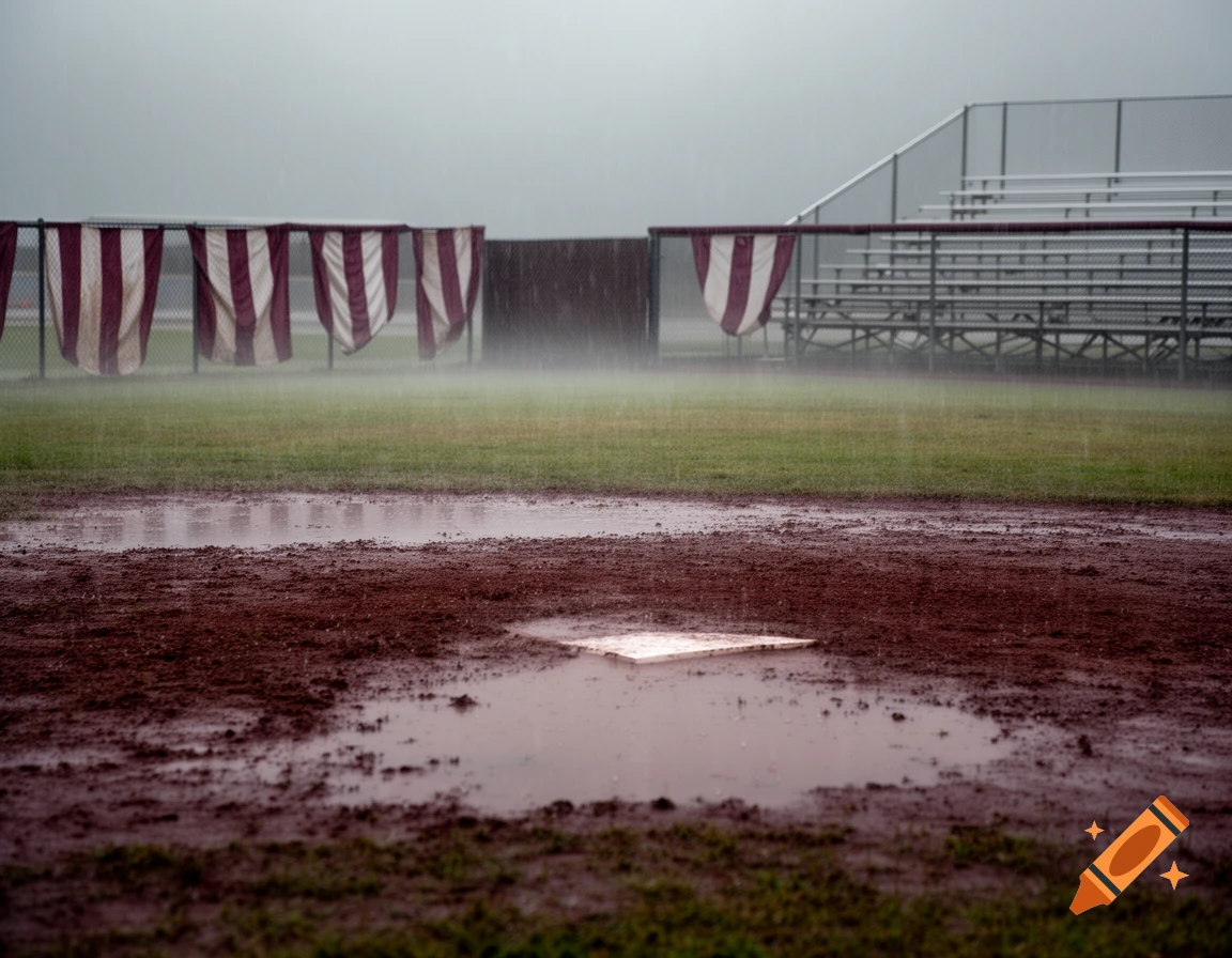 A muddy softball field with home plate and water puddles during heavy rain. Maroon and white banners hang in the background.
