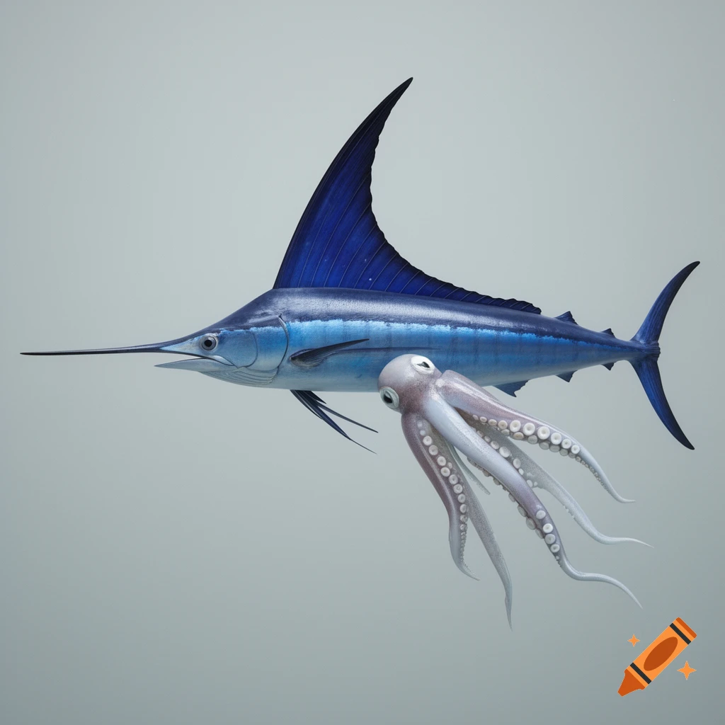 A photorealistic blue marlin hybrid with white octopus tentacles for a tail swims against a light gray background.