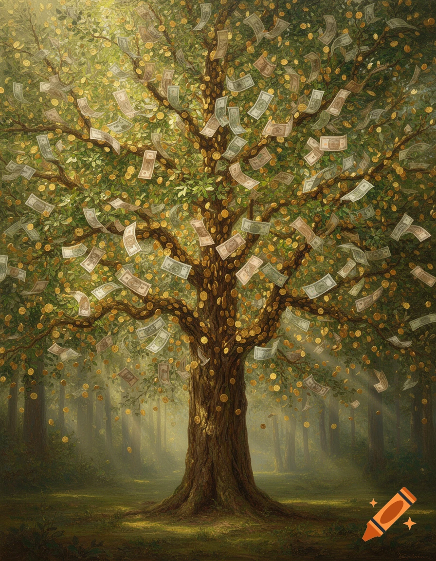 A lush, realistic money tree with green leaves, gold coins, and currency bills growing on its branches in a soft, sunlit forest.