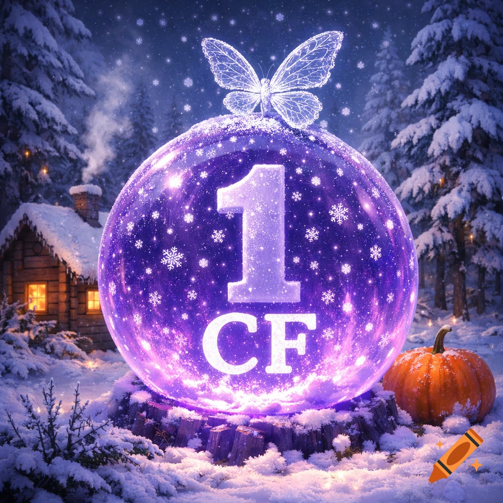 A glowing purple snow globe with '1' and 'CF' inside, topped with an icy butterfly, set in a snowy forest with a cabin and a pumpkin.