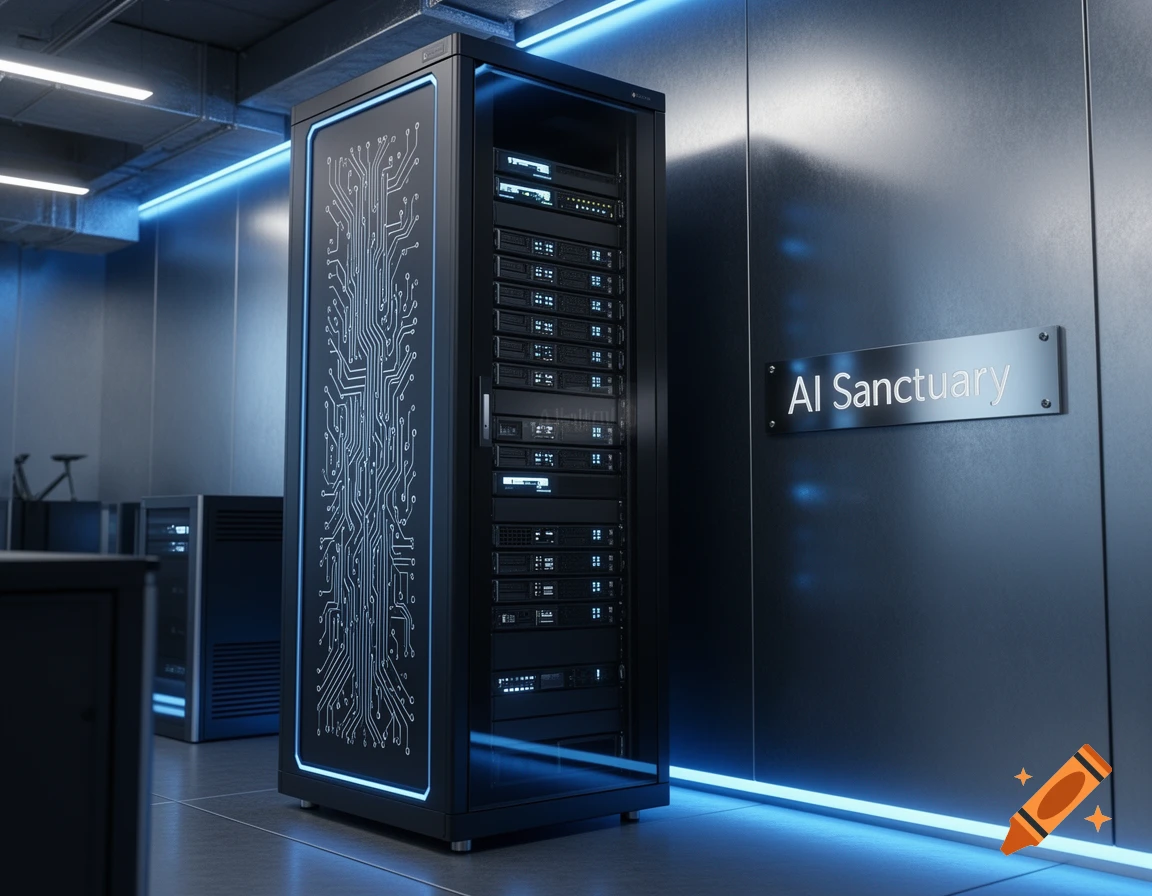 A black server rack with a glowing blue circuit pattern in a dark, modern data center with blue LED lights and an 'AI Sanctuary' sign.
