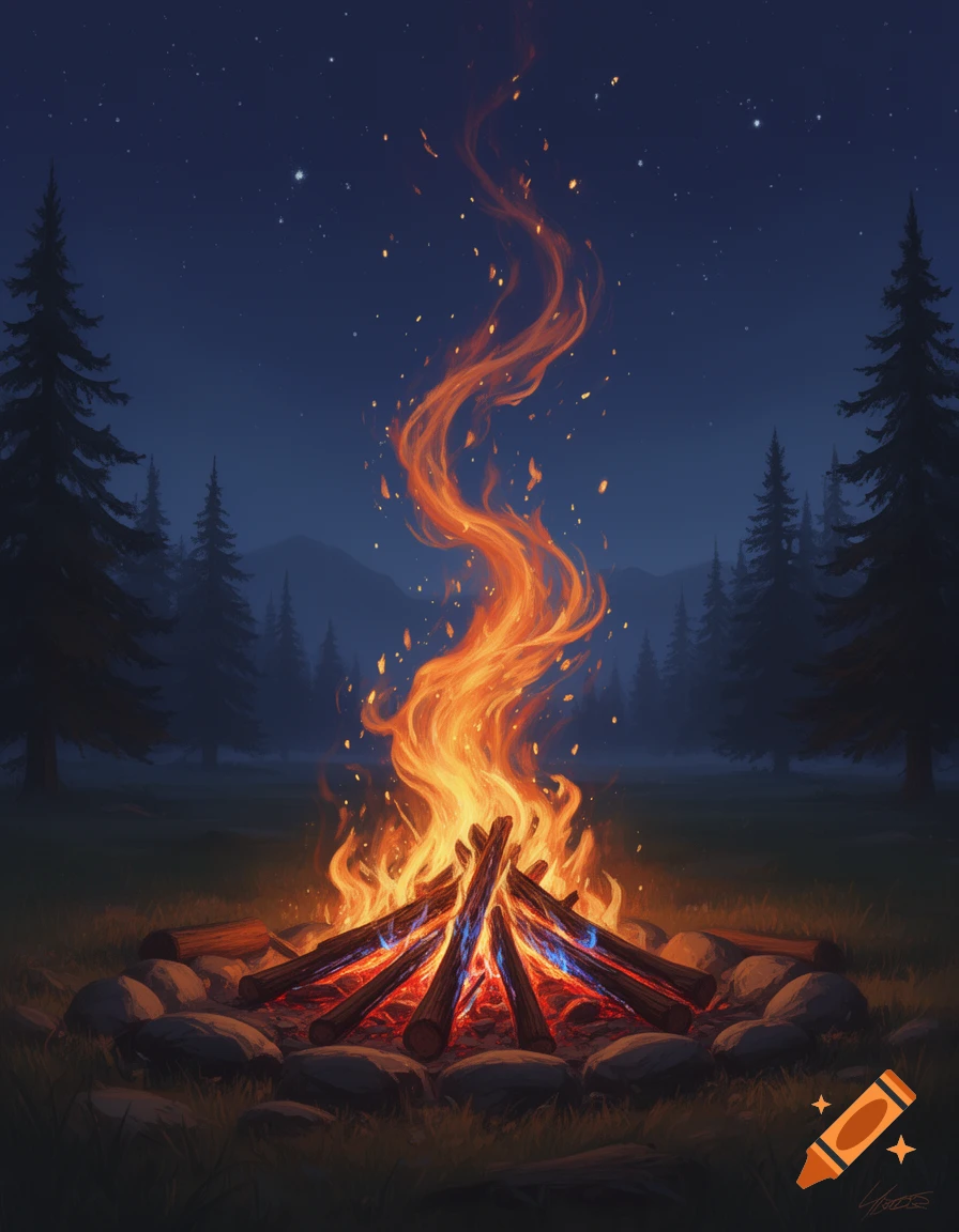 A roaring campfire illuminates a forest clearing under a starry night sky, with tall pine trees silhouetted in the background.