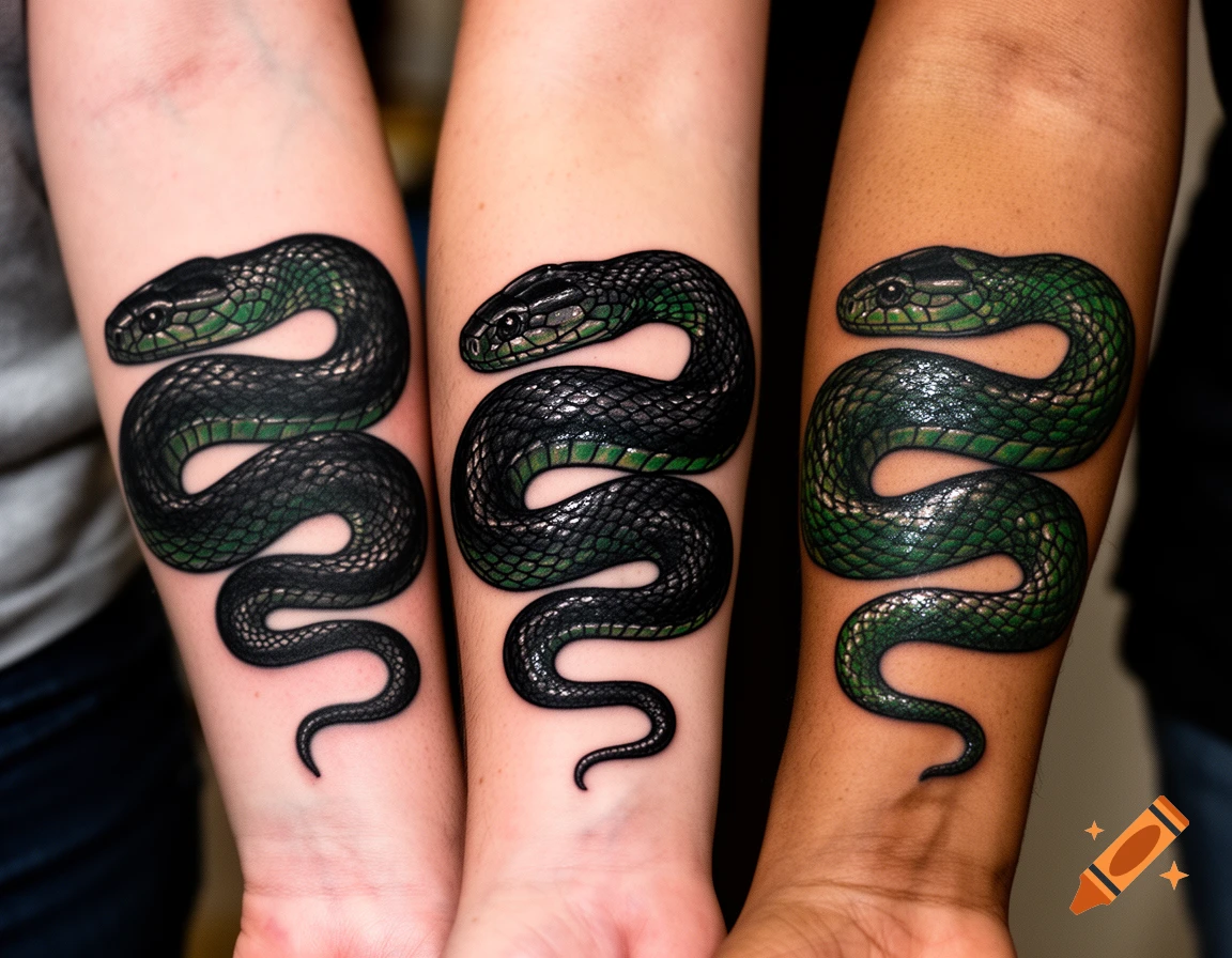 Three different forearms display matching realistic black and green snake tattoos.