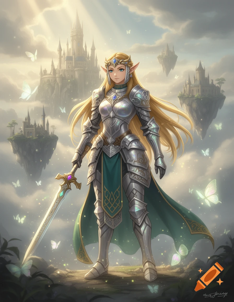 A blonde female warrior in shining armor holds a sword in a fantasy ...