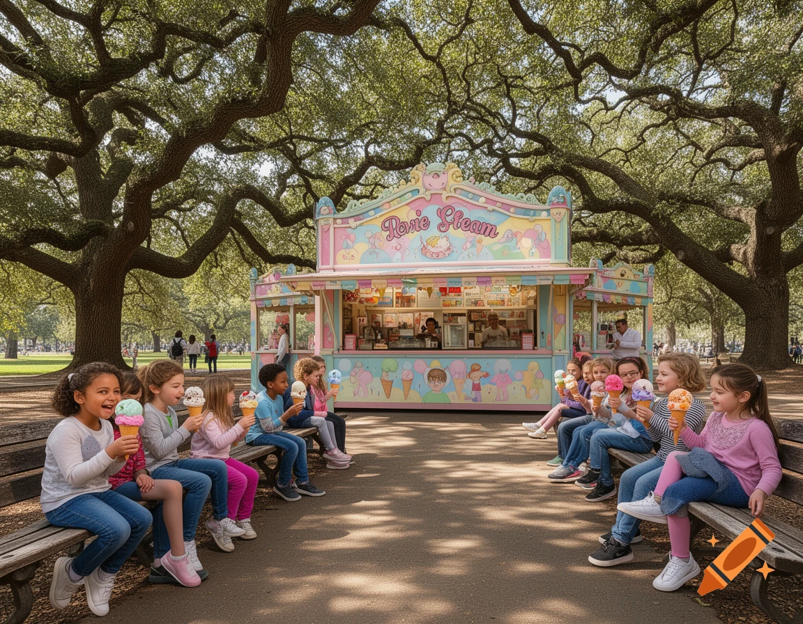 Children sit on park benches eating ice cream cones in front of a colorful ice cream stand under large oak trees.