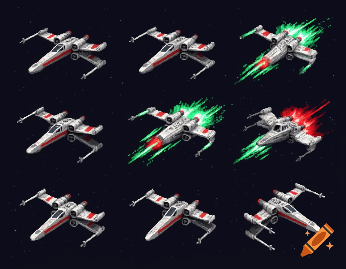 A 3x3 grid of pixel art X-wing fighters in space, some firing green and red lasers, in various rotations.