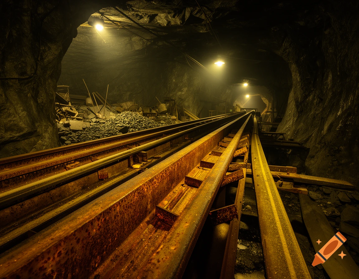 Photorealistic image of rusty mine tracks leading into a dark underground tunnel, illuminated by overhead lights.