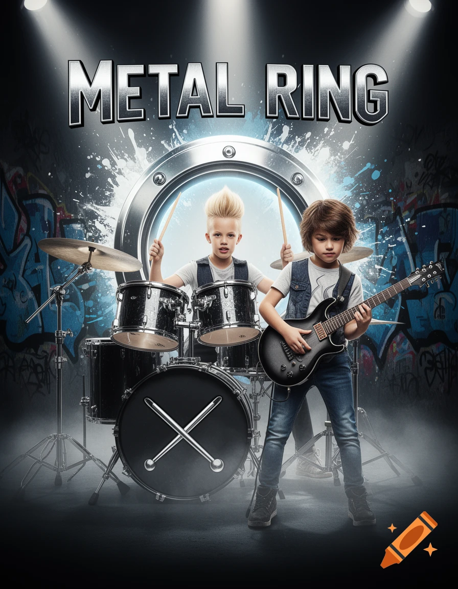 A rock band poster featuring two young boys, one drumming and one playing electric guitar, under spotlights with "METAL RING" text.