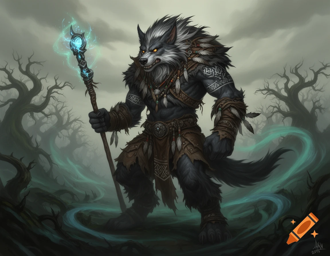A fierce male worgen nomad holds a glowing magical staff in a misty, eerie forest with gnarled trees, in a detailed fantasy art style.