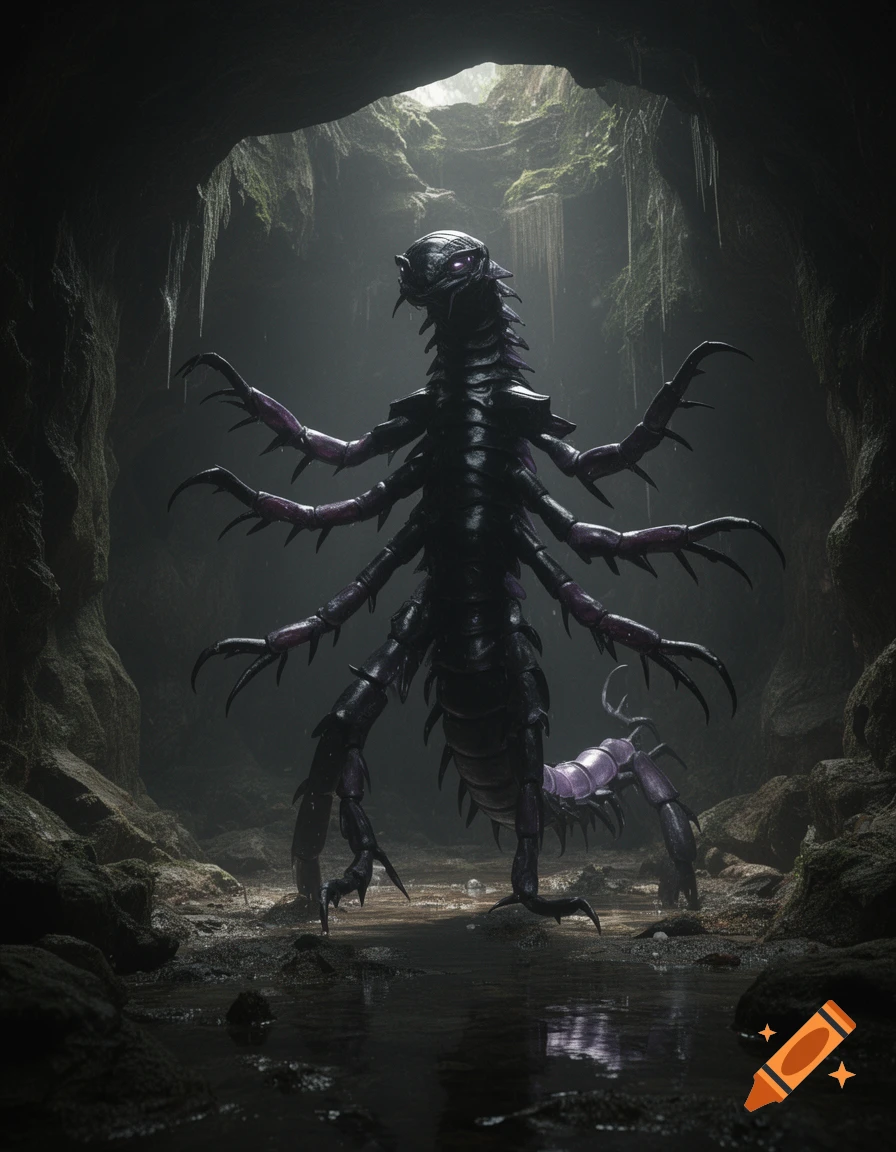 A monstrous black and purple centipede-like creature with many limbs stands in a dark, misty cave with a shallow pool of water.