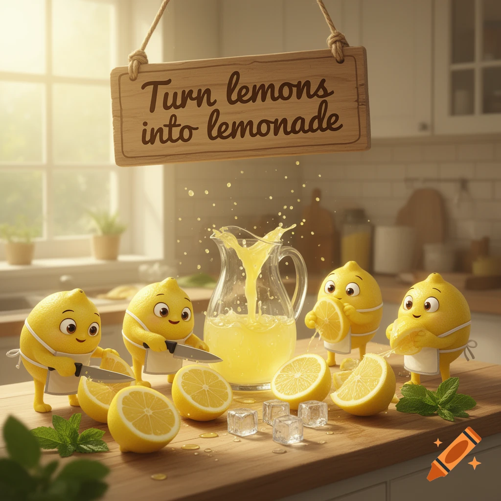 Anthropomorphic lemons in aprons make lemonade in a bright kitchen, with a sign reading 'Turn lemons into lemonade'.