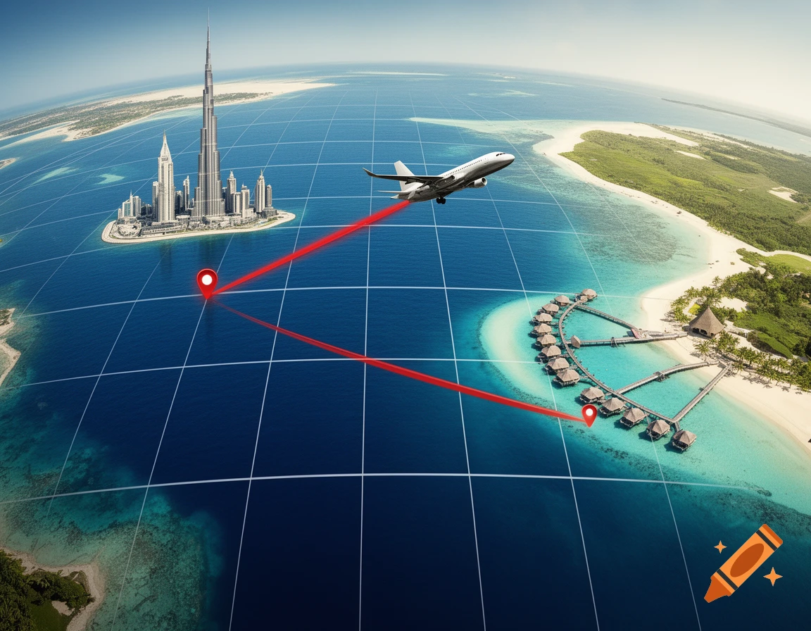 Aerial view of the globe showing Dubai and the Maldives with a plane, connected by red lines on a grid.