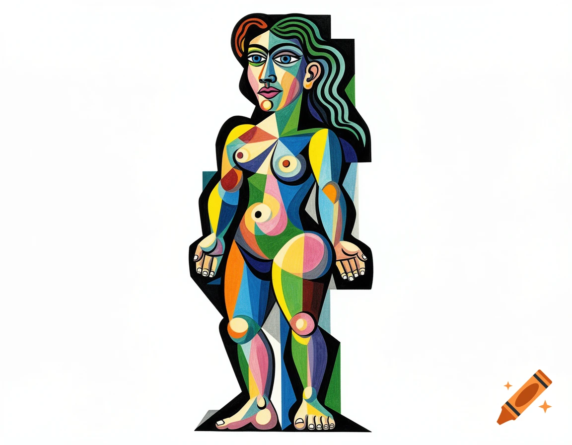 Abstract cubist nude female figure composed of colorful geometric shapes and bold black outlines on a white background.