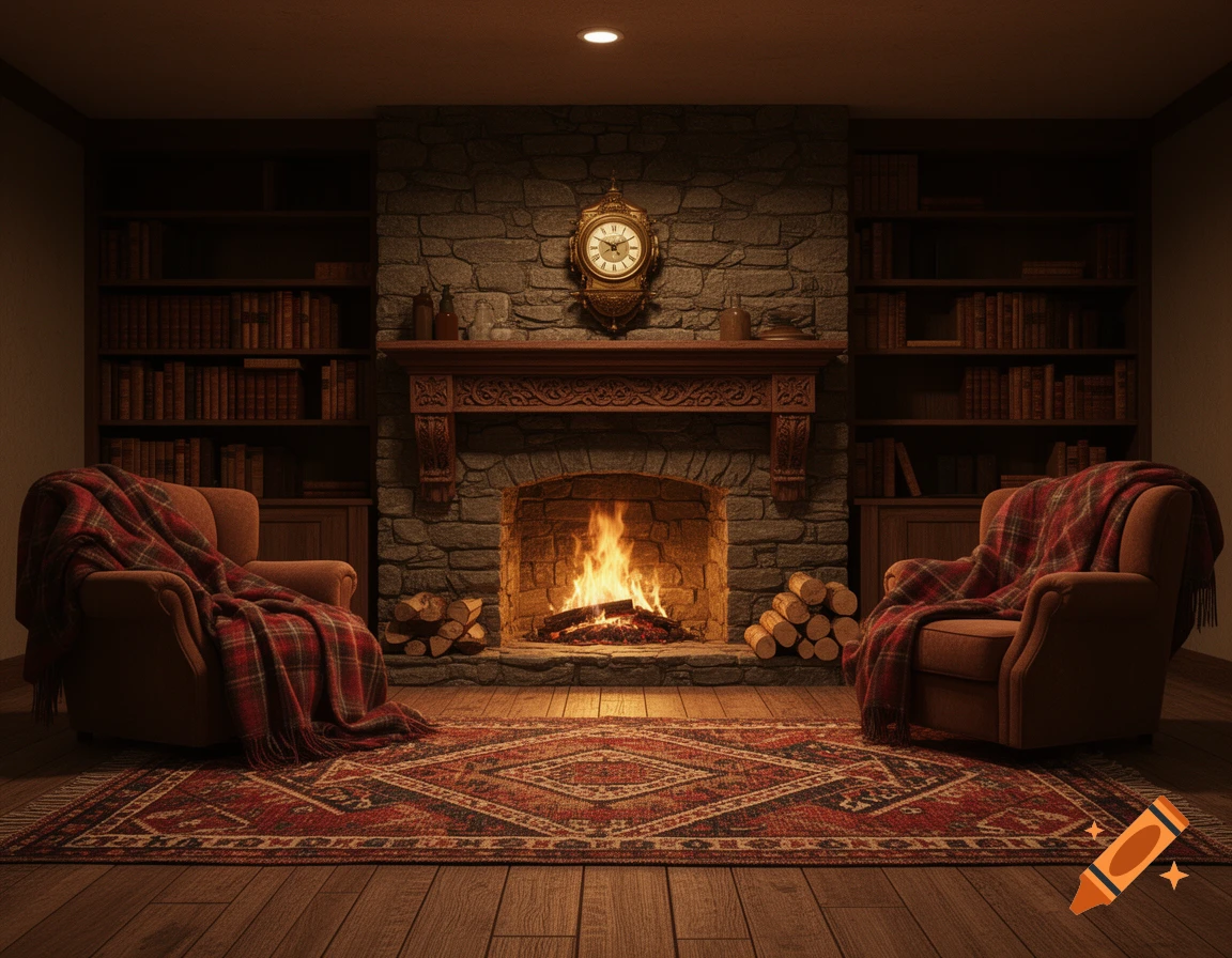 A cozy room with a lit stone fireplace, two armchairs with plaid blankets, a patterned rug, and bookshelves.