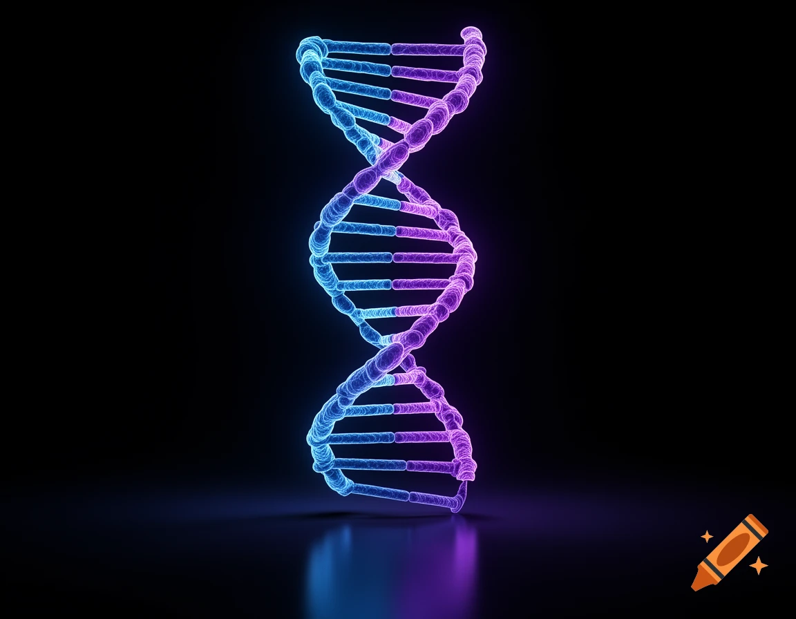 A vibrant, glowing DNA helix in shades of blue and purple stands vertically against a dark black background, with a subtle reflection below.