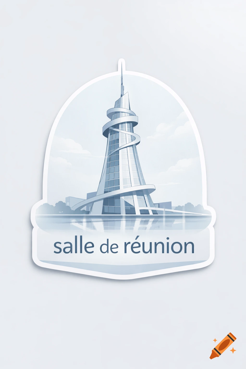 A stylized illustration of a modern, conical building with a spiral ramp, presented as a sticker, with 'salle de réunion' text.