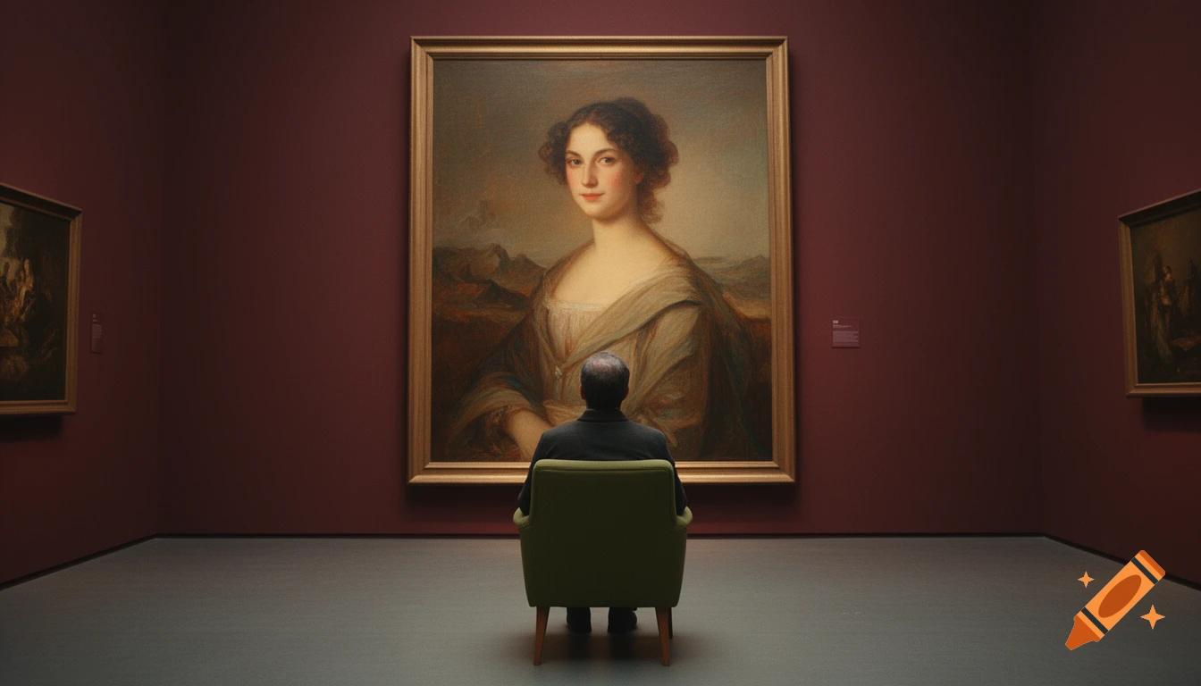 A man sits in a green armchair, viewed from behind, in a dimly lit art gallery with maroon walls, facing a large, warm-toned oil portrait of a woman.