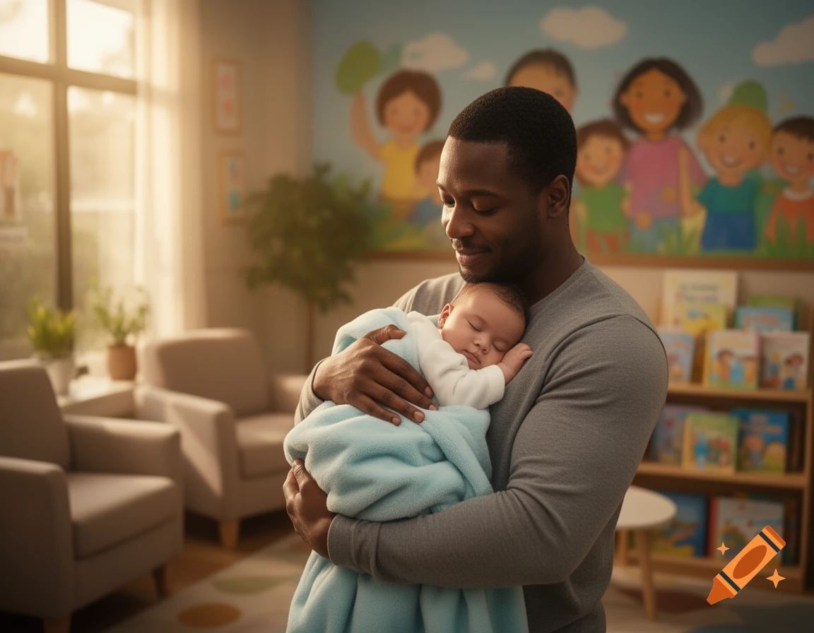 A Black man holds a sleeping white baby in his arms, smiling gently in a bright room with a colorful children's mural and bookshelves in the background.