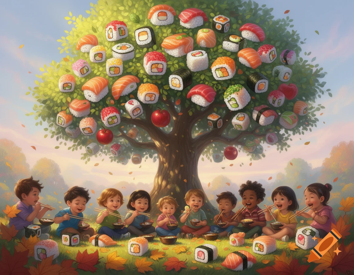 Children happily eat sushi with chopsticks under a whimsical tree bearing various sushi rolls and sashimi.