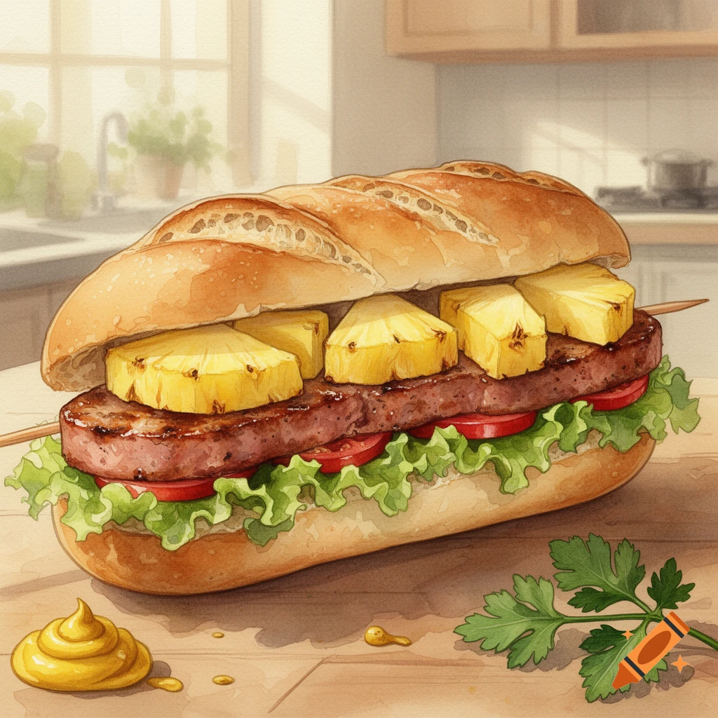 Watercolor illustration of a leberkäse kebab sandwich with pineapple, lettuce, tomato, and mustard in a kitchen.