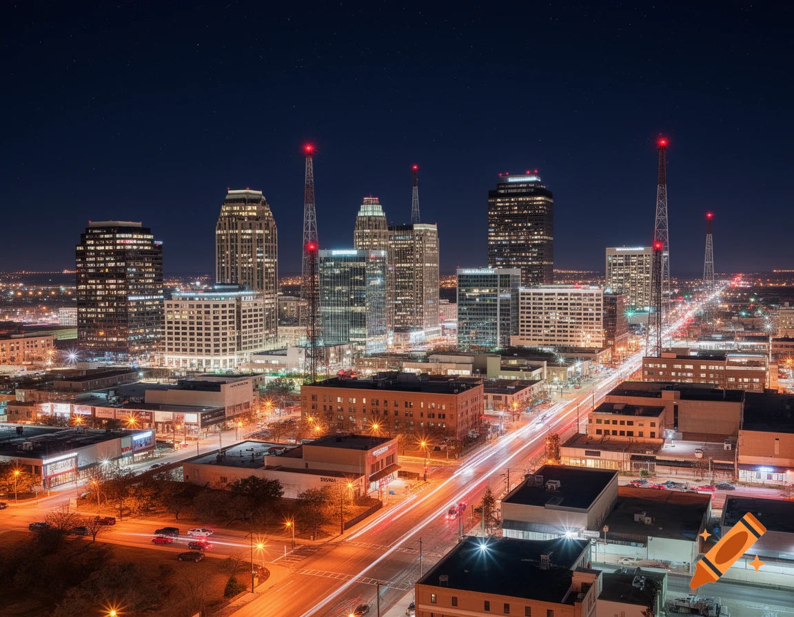 A photorealistic long exposure shot of a city skyline at night, featuring illuminated buildings and light trails from cars on the streets.