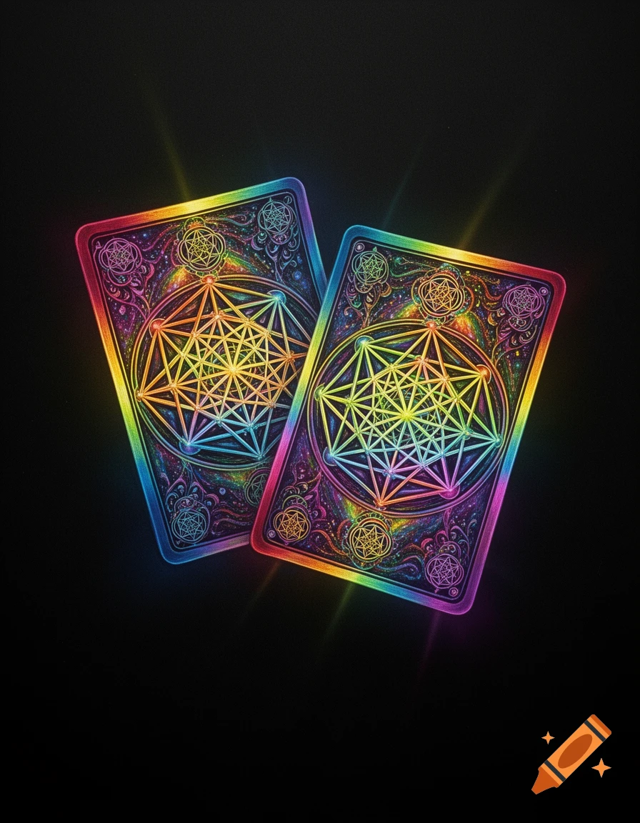 Two vibrant rainbow-colored cards with intricate geometric sacred geometry patterns glowing on a black background.