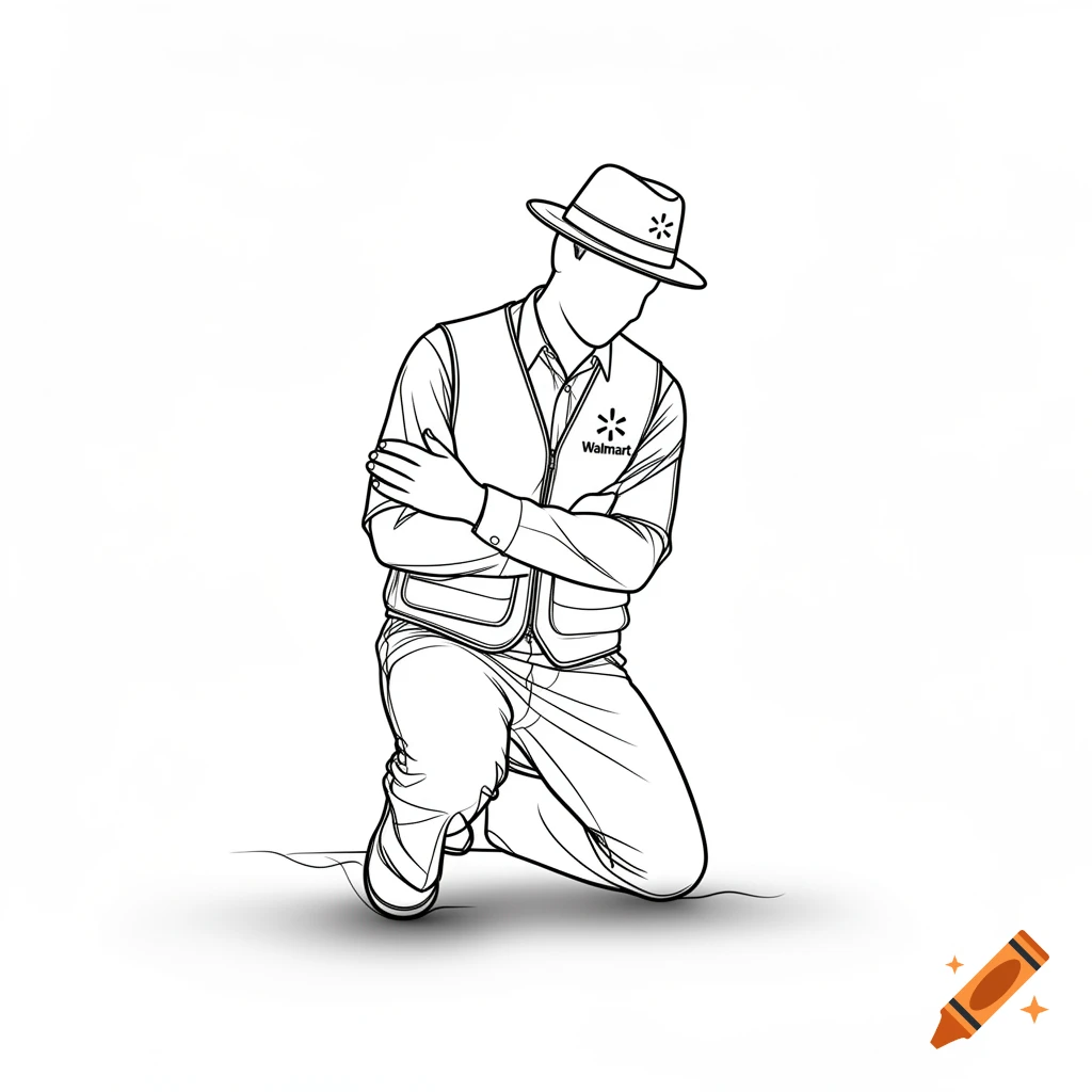 Black and white outline of a man in a Walmart vest and hat kneeling with his arms crossed.
