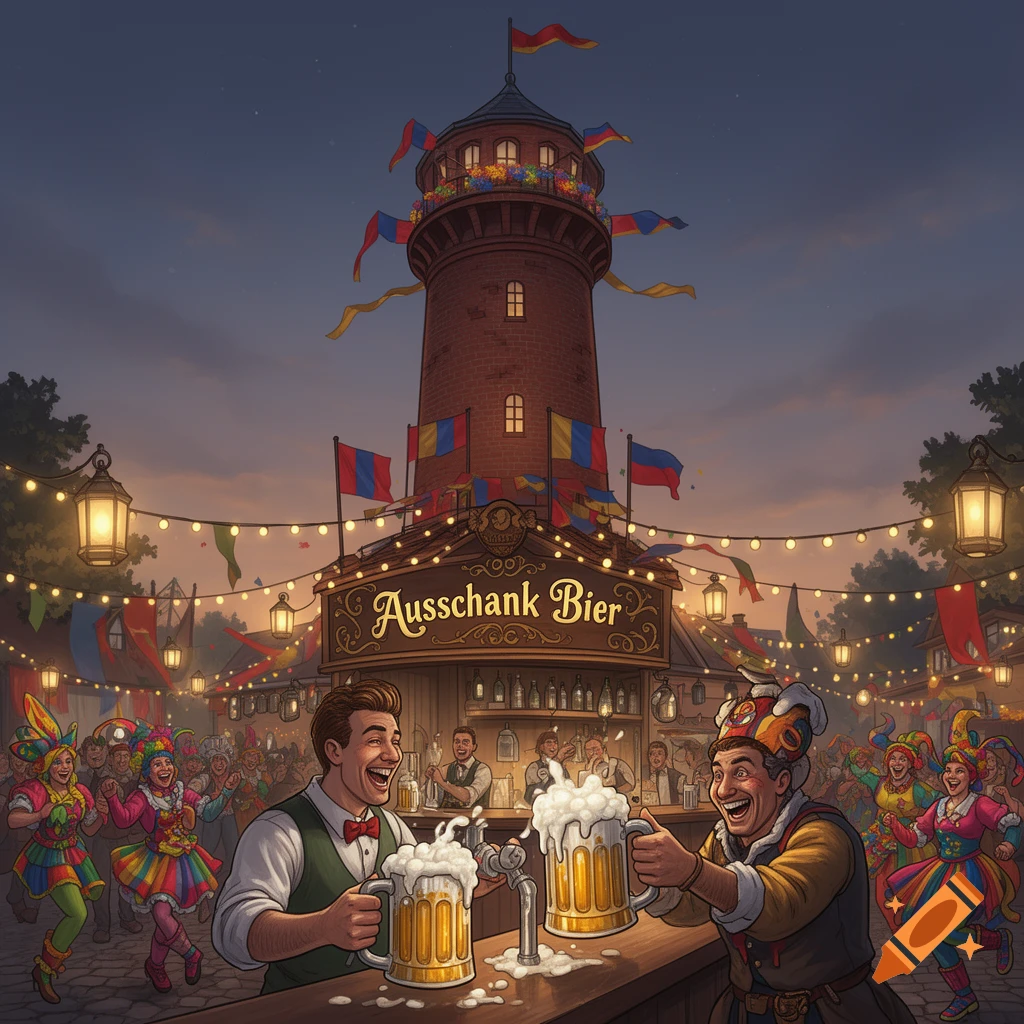 Two men laugh while pouring beer at a lively evening festival with a tall brick tower, a bar, string lights, and costumed celebrants.