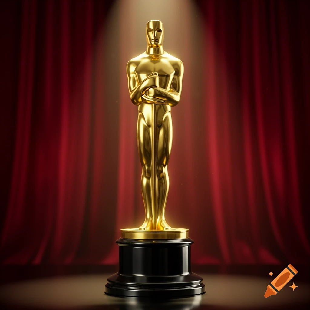 A gleaming golden Oscar statuette stands on a black base, spotlighted against a rich red curtain background.