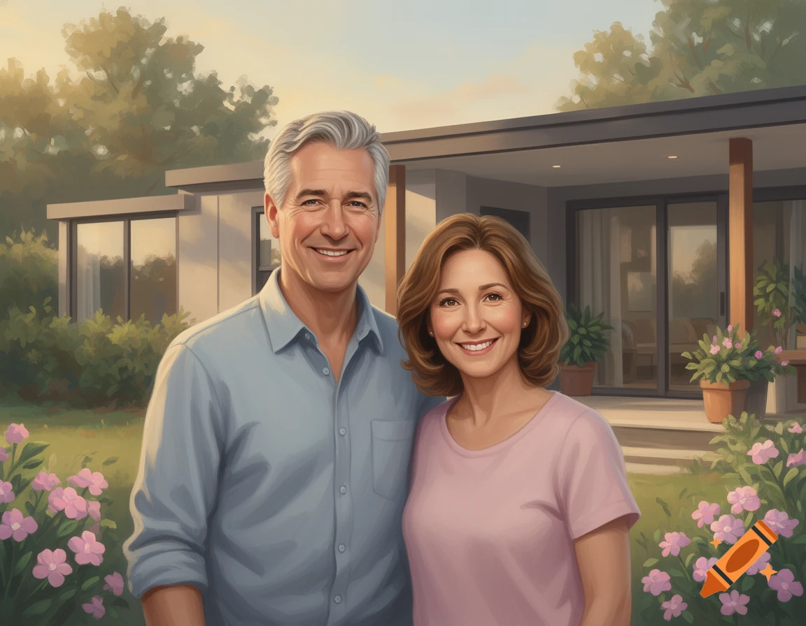 A smiling middle-aged couple stands together in front of their modern house, surrounded by flowers and trees.