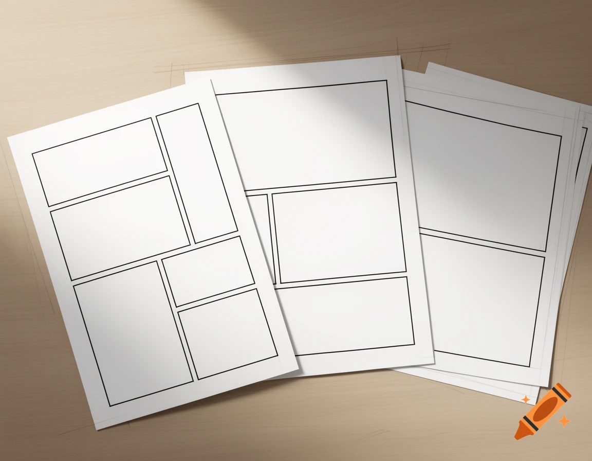 Several blank comic book pages with various panel layouts, lying on a wooden desk with a cast shadow.