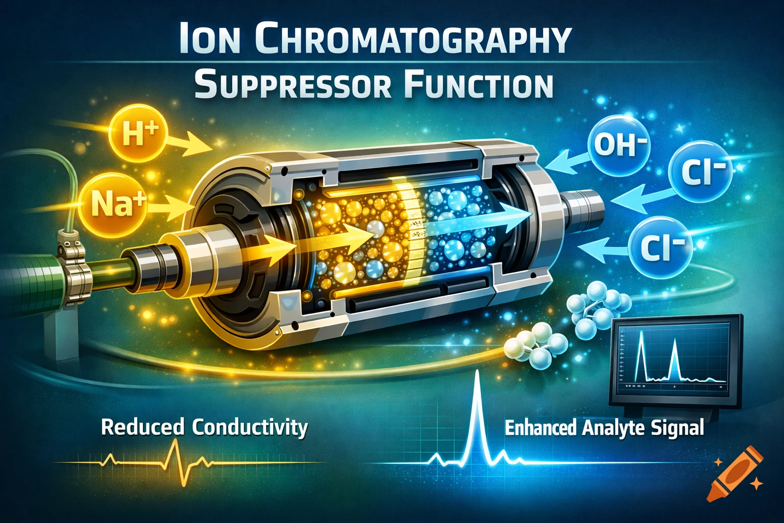 Detailed scientific illustration of ion chromatography suppressor function, showing ion flow, chemical formulas, and signal graphs.