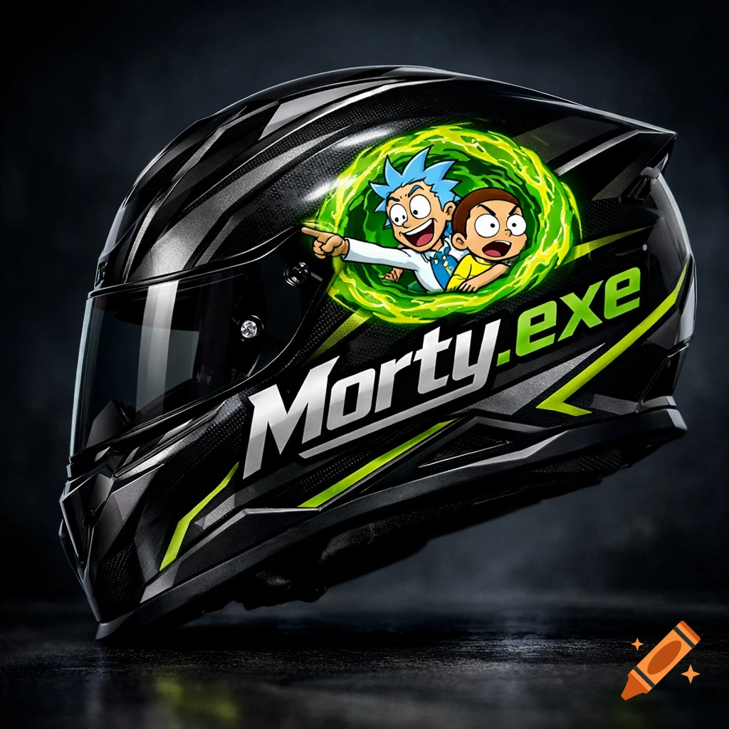 A black motorcycle racing helmet featuring Rick and Morty emerging from a green portal, with 'Morty.exe' in neon green lettering.
