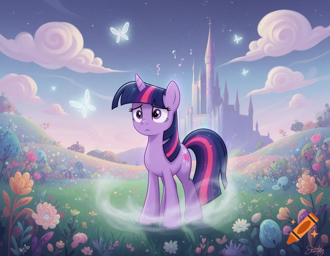 Sad purple unicorn pony in a whimsical, colorful flower field with glowing butterflies, a fantasy castle under a twilight sky.
