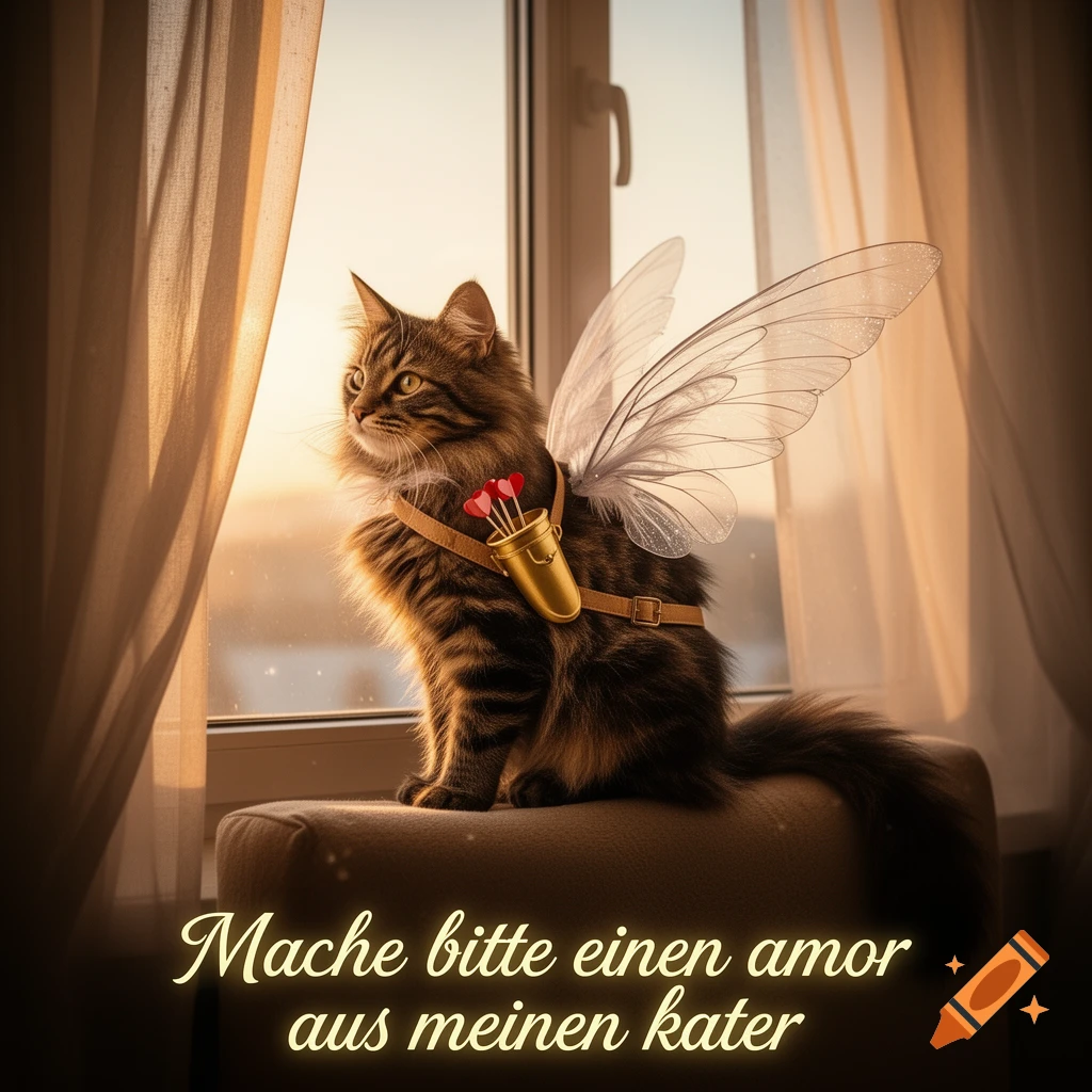 A tabby cat with clear fairy wings and a gold quiver of heart arrows, sitting on a window sill with sunset light. Text reads 'Mache bitte einen amor aus meinen kater'.