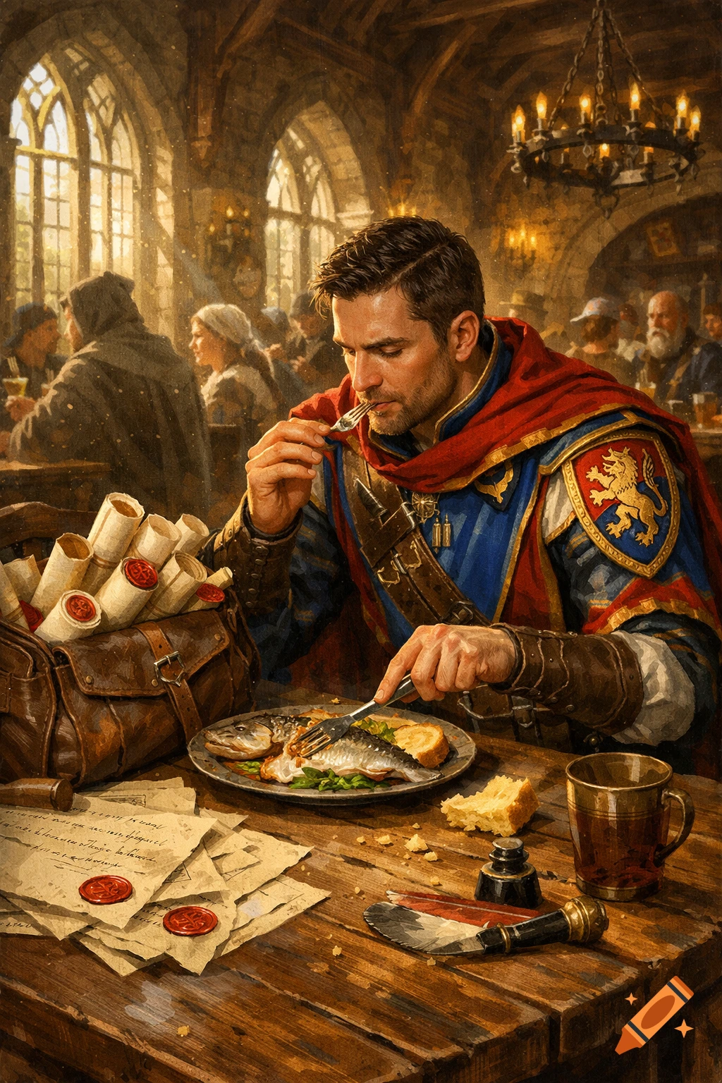 A medieval royal messenger with a serious expression dines on fish at a wooden table in a bustling, sunlit tavern, surrounded by scrolls and documents in a painterly style.