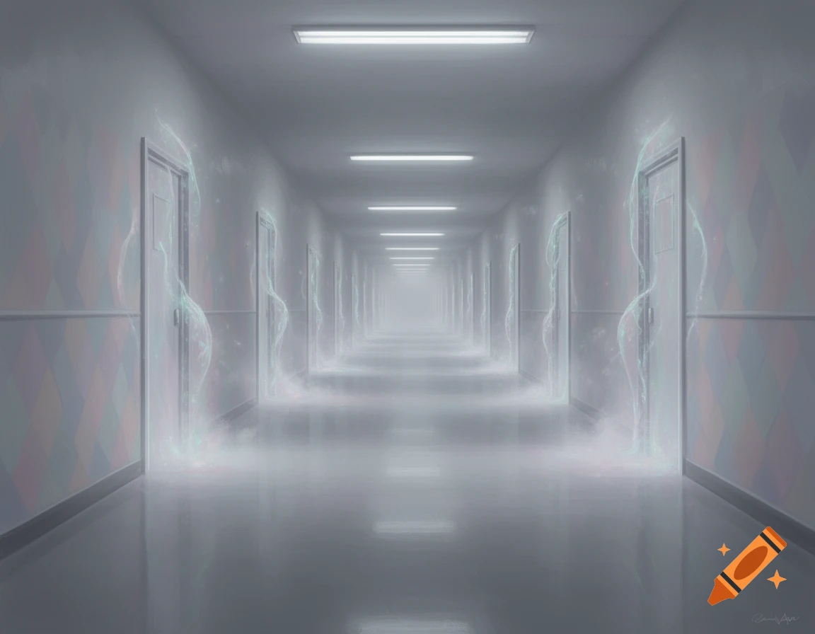 A long, white, empty hallway with glowing ethereal wisps around closed doors, leading into a bright distance.