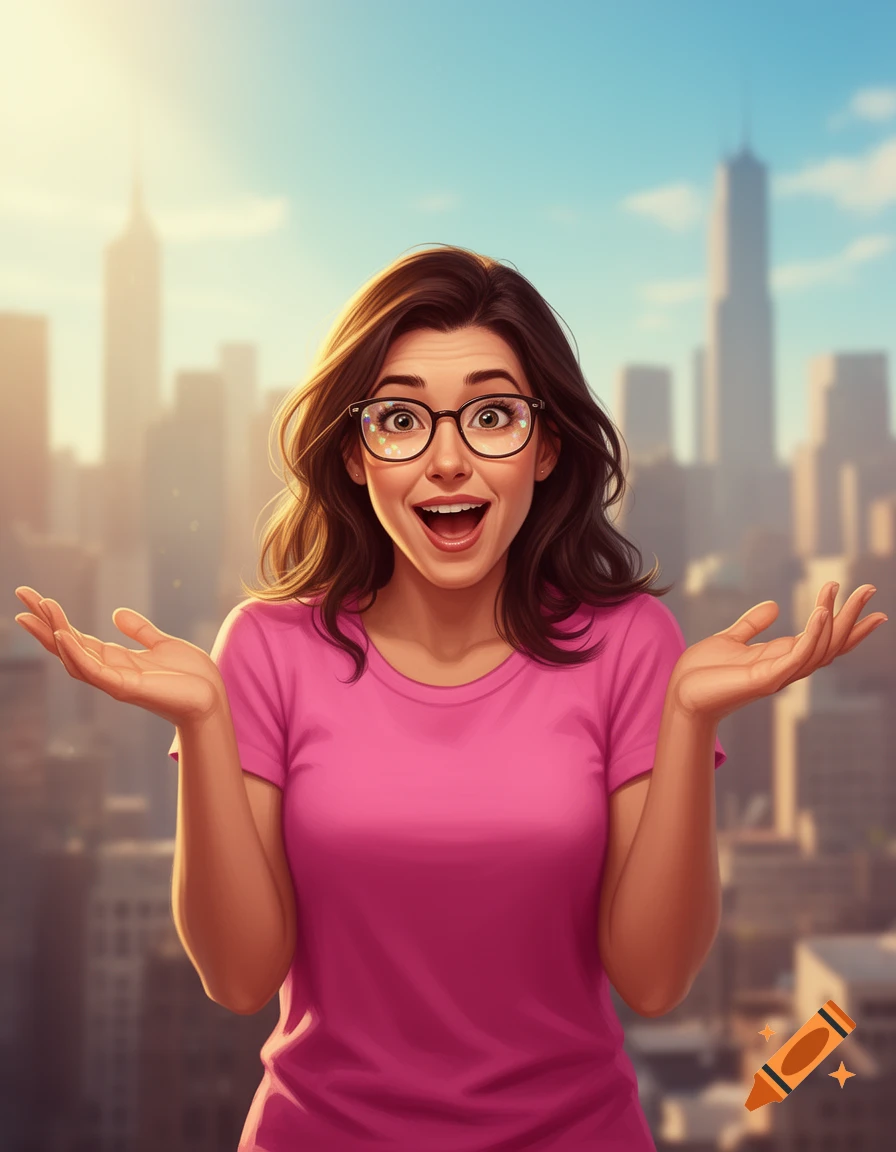 Digital art of a vibrant brunette woman in a pink tee shirt and glasses shrugging with a surprised expression against a city skyline.