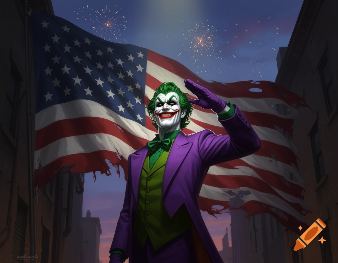 The Joker in a purple suit and green vest salutes in front of a tattered American flag with fireworks in the night sky.