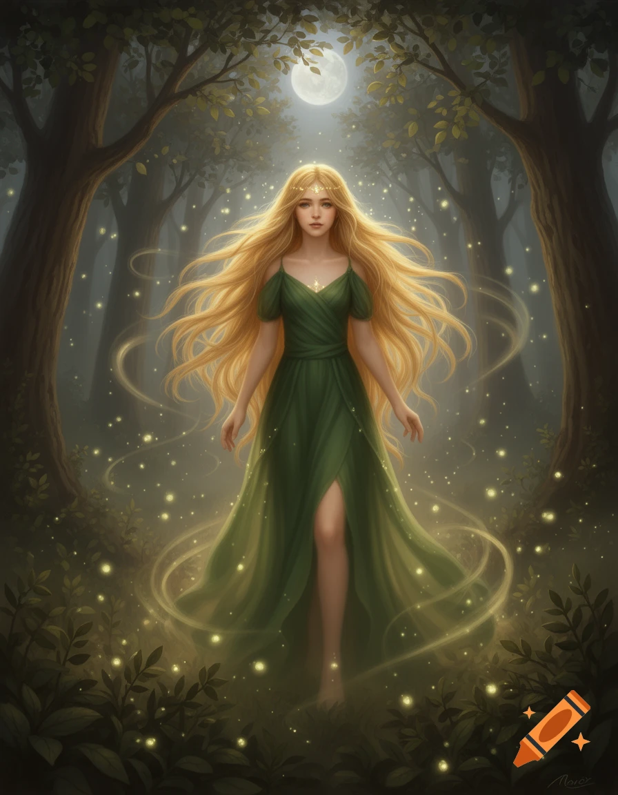 A fantasy art illustration of a goddess with long flowing blonde hair and a green dress, standing in a magical forest under a full moon.