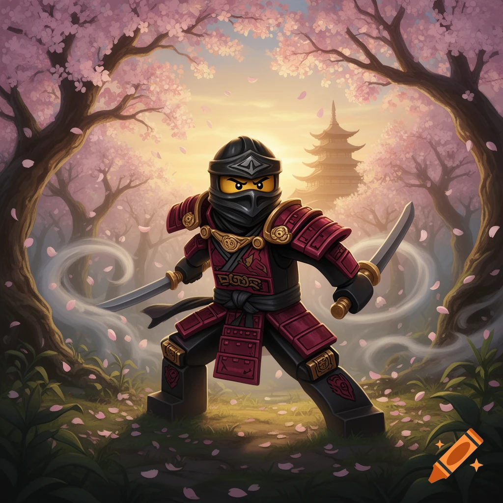 A Lego Ninjago-style ninja character with red and black armor, holding two swords, stands in a cherry blossom forest with a pagoda in the background.