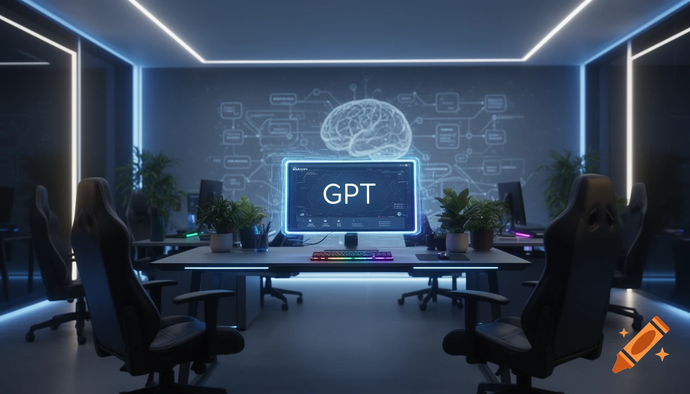 A futuristic workspace with a large monitor displaying "GPT" and a glowing brain diagram on the wall.
