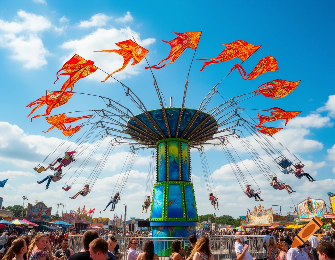 A vibrant swing ride with people at a sunny carnival, featuring many orange kites flying high under a blue sky.