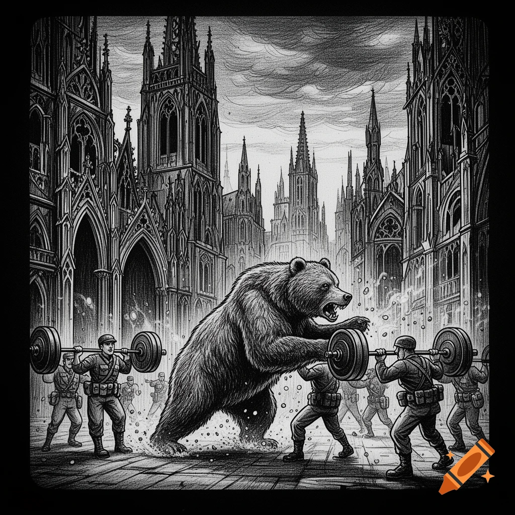 Black and white etch sketch drawing of a bear ravaging a military regimen weightlifting in a gothic city.
