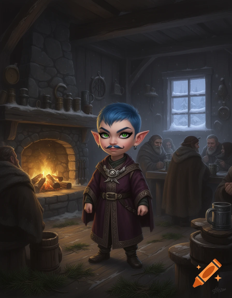 A fantasy illustration of a non-binary gnome cleric with blue hair, a mustache, and a purple robe standing in a dim winter tavern.