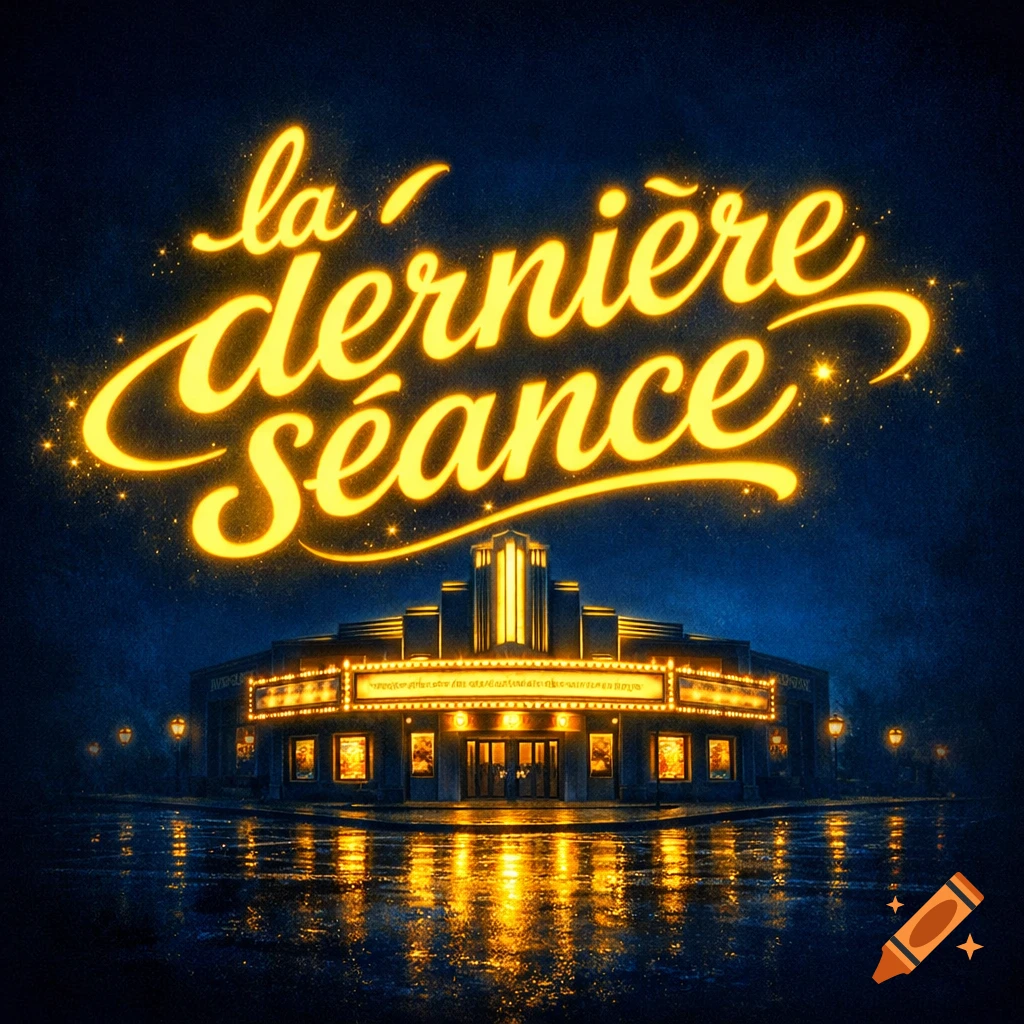 Neon sign "la dernière séance" above an Art Deco cinema at night, with wet street reflections.