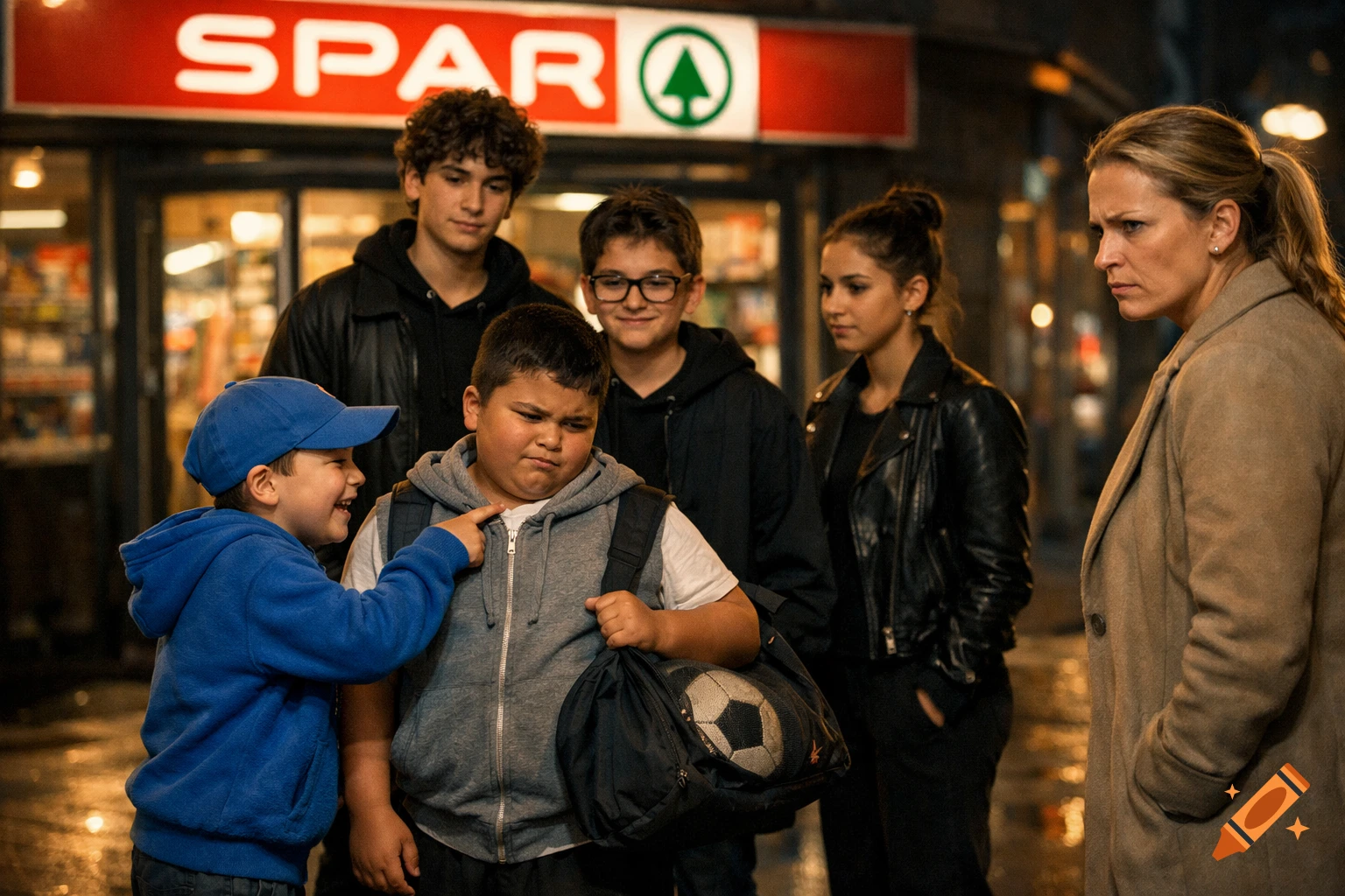 A young boy pokes an older boy's cheek outside a SPAR supermarket at night, as an adult woman and teens observe.