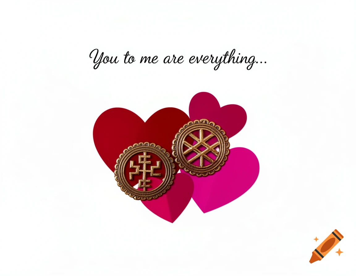 A white background with red and pink hearts, two gold Adinkra symbols, and the text 'You to me are everything...'