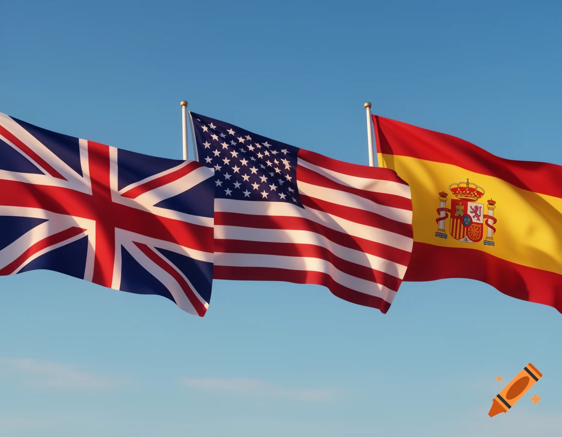 The national flags of the United Kingdom, United States, and Spain wave side-by-side against a blue sky.