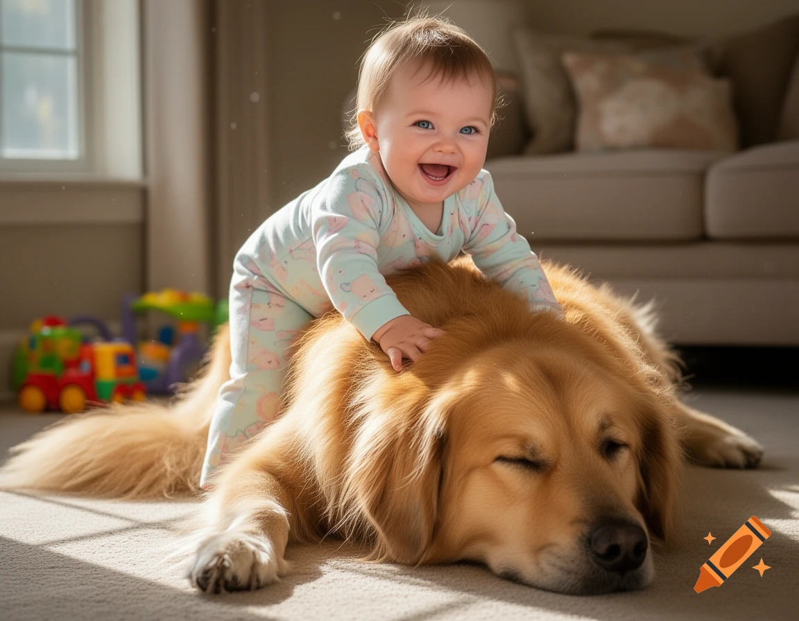A smiling baby in a light blue onesie playfully leans on a golden retriever that is lying on a sunlit carpet.